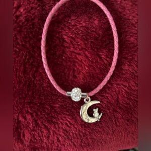 Pink Braided Leather Moon & Cat Charm Bracelet